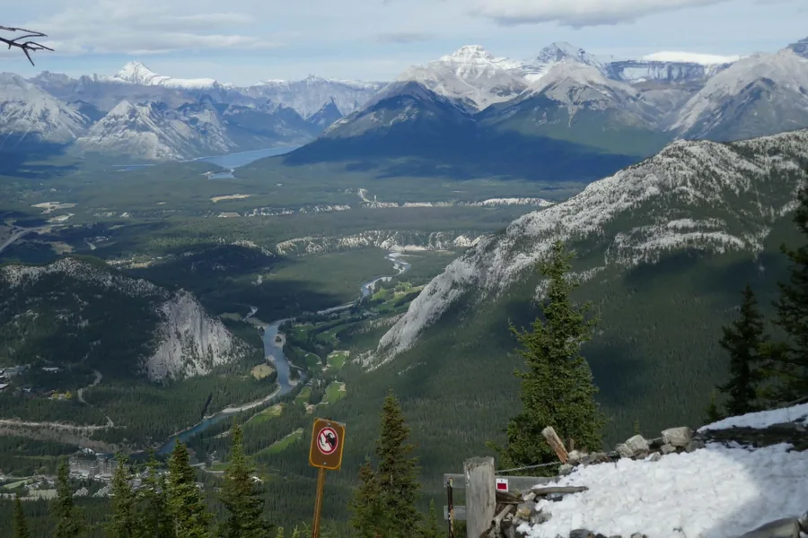 View across Banff and the Bow Valley from a mountain boardwalk